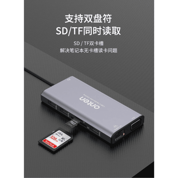 Onten Hub 12in1 Type-C To HDMI (4K)*2+SD/TF Card+PD Charge+USB 3.0*3+USB-C+VGA+Audio+Gigabit Lan OTN-UC601