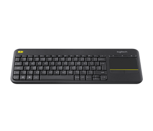 Logitech K400 Plus: Wireless (2.4GHz, 10m range), built-in touchpad, 2xAA batteries (18-month life), media keys, compatible with Windows, Android, and ChromeOS