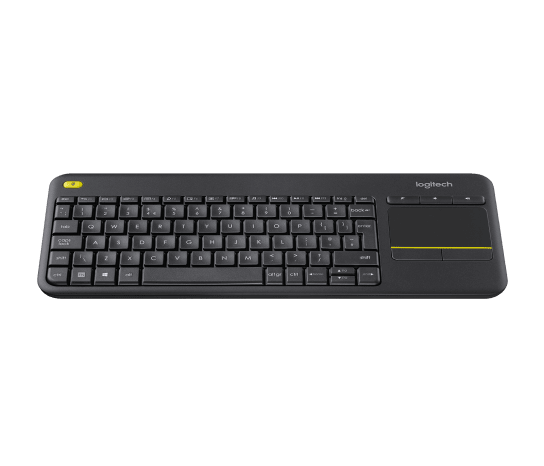 Logitech K400 Plus: Wireless (2.4GHz, 10m range), built-in touchpad, 2xAA batteries (18-month life), media keys, compatible with Windows, Android, and ChromeOS