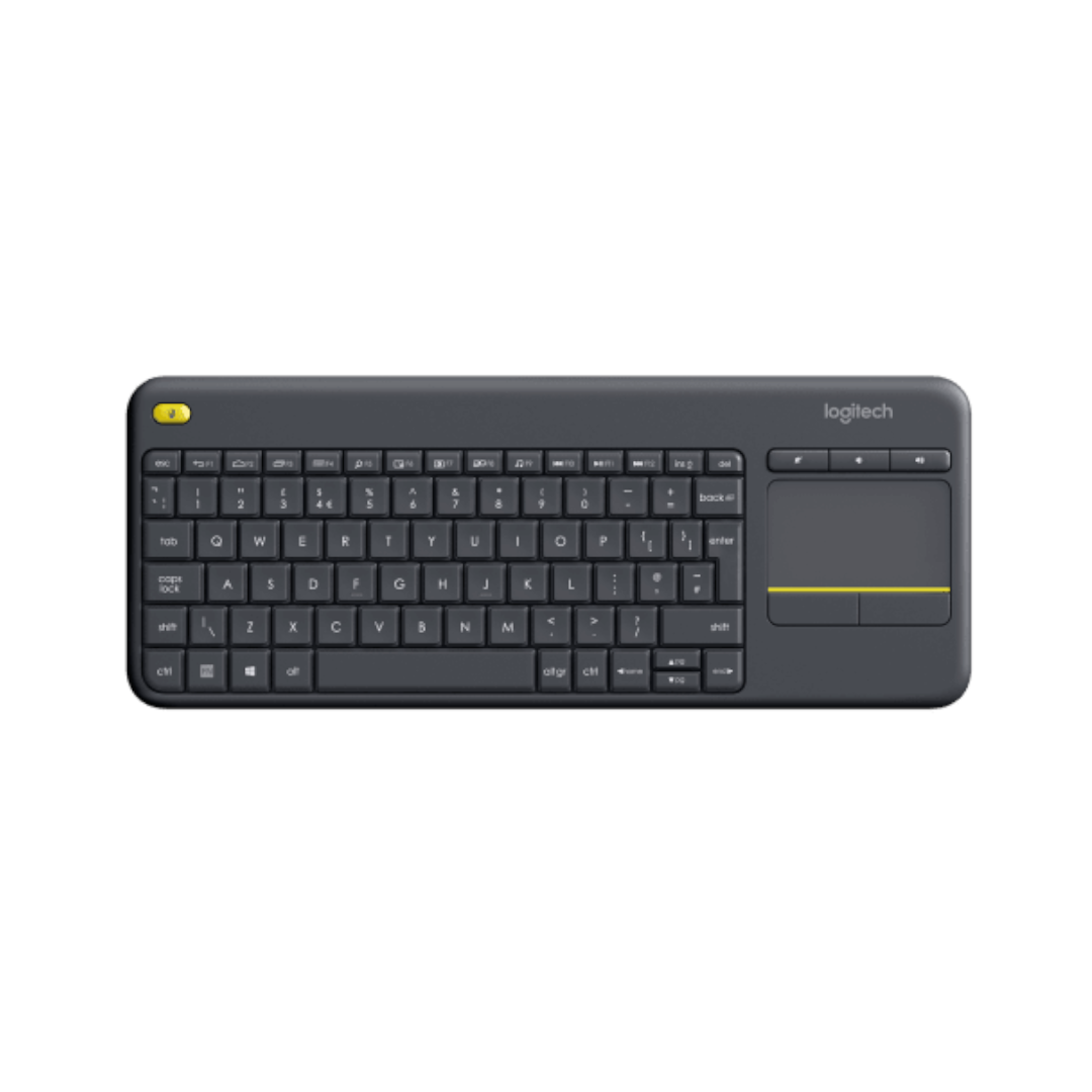 Logitech K400 Plus: Wireless (2.4GHz, 10m range), built-in touchpad, 2xAA batteries (18-month life), media keys, compatible with Windows, Android, and ChromeOS