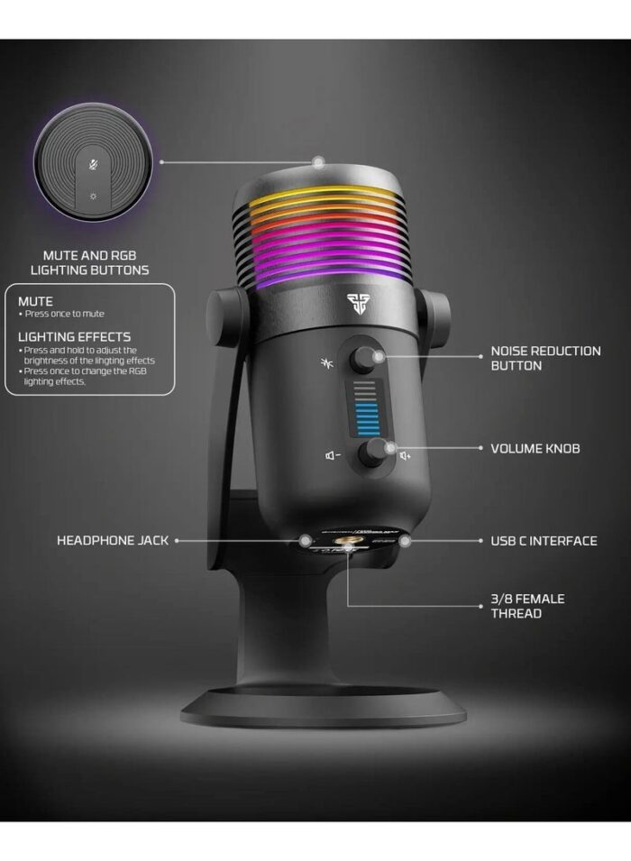 FANTECH MCX03 LEVIOSA MAX Microphone USB-C RGB Professional Gaming Stream Condenser PURE PRECISION 16mm Capsule – Cardioid Polar Pattern – Noise Reduction tech – Real Time Monitoring with Headphone jack | Black - View 8