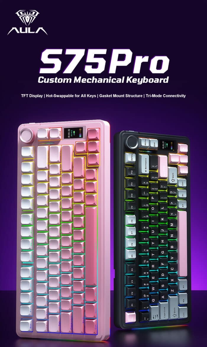 AULA S75 PRO Wireless Mechanical Keyboard with Screen&Knob, 75% Hot Swappable Gaming Keyboard with Pre-lubed Switches, RGB Backlit, PBT Keycaps Creamy Sounding Pc Gaming Keyboards - Side View