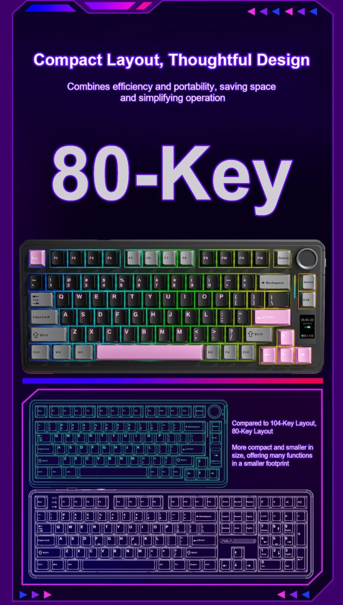 AULA S75 PRO Wireless Mechanical Keyboard with Screen&Knob, 75% Hot Swappable Gaming Keyboard with Pre-lubed Switches, RGB Backlit, PBT Keycaps Creamy Sounding Pc Gaming Keyboards - View 8