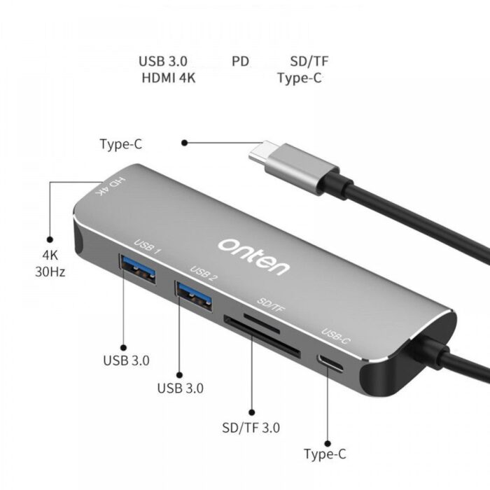 ONTEN 95116D USB C HUB Dock Station 6 in 1 – HDMI 4K@30Hz + SD/TF + USB 3.0 X2 + Type-C (PD 3.0) - Back View