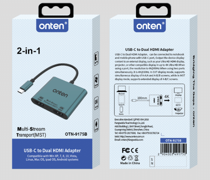 Onten OTN-9175B 2 In 1 Type-C To Dual HDMI Converter - Detail View