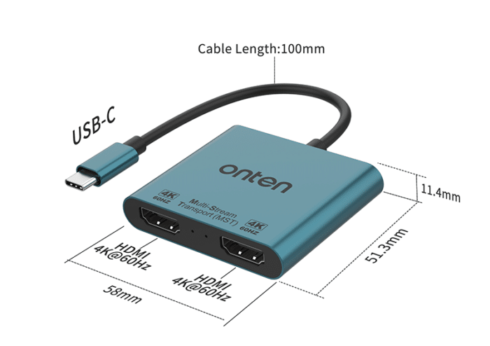 Onten OTN-9175B 2 In 1 Type-C To Dual HDMI Converter - Back View