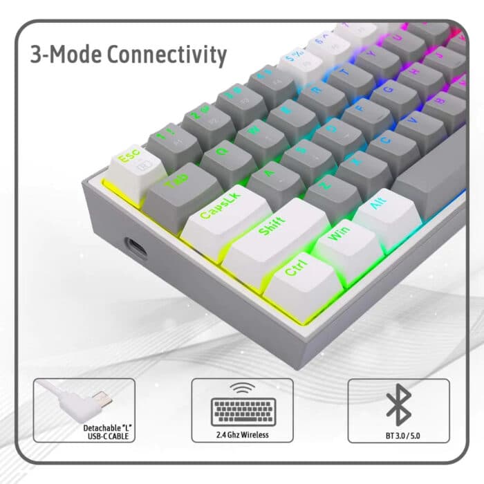 Redragon K616 Fizz Pro RGB – 60% keyboard with red mechanical switches, Bluetooth & USB-C wired connectivity WHITE/GRAY - عربي/eng - Detail View