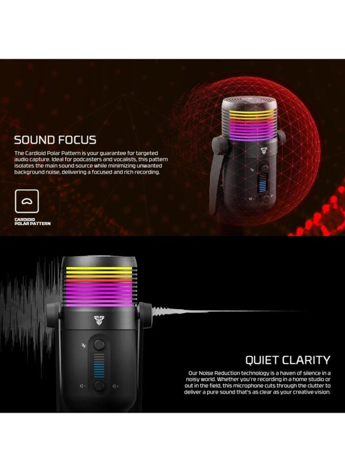 FANTECH MCX03 LEVIOSA MAX Microphone USB-C RGB Professional Gaming Stream Condenser PURE PRECISION 16mm Capsule – Cardioid Polar Pattern – Noise Reduction tech – Real Time Monitoring with Headphone jack | Black - Back View