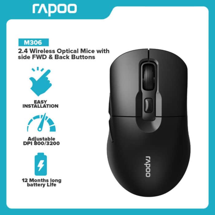 RAPOO M306 2.4 Wireless Optical Mice with Side FWD and Back Buttons - Side View