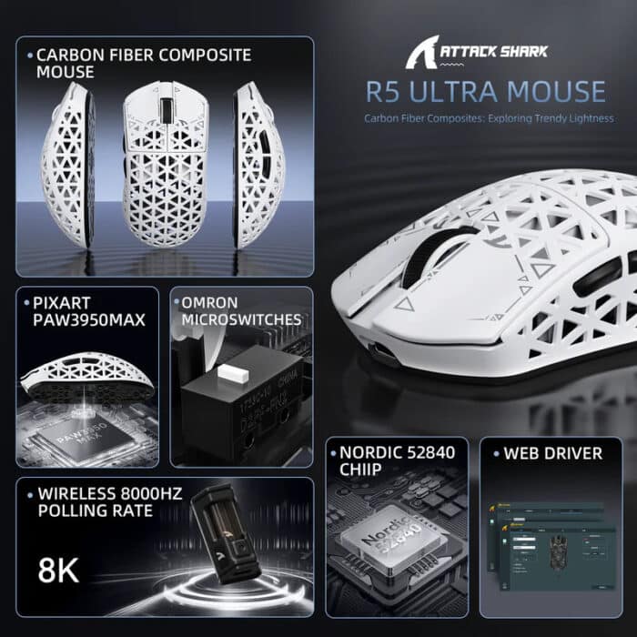 ATTACK SHARK R5 Ultra Carbon Fiber Wireless 8K PAW3950MAX Gaming Mouse with 8K Coiled Cable - Side View