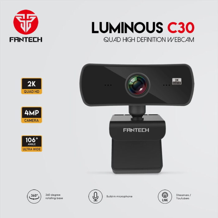Fantech C30 LUMINOUS Quad HD 2K Webcam With Built-In Microphone - Back View