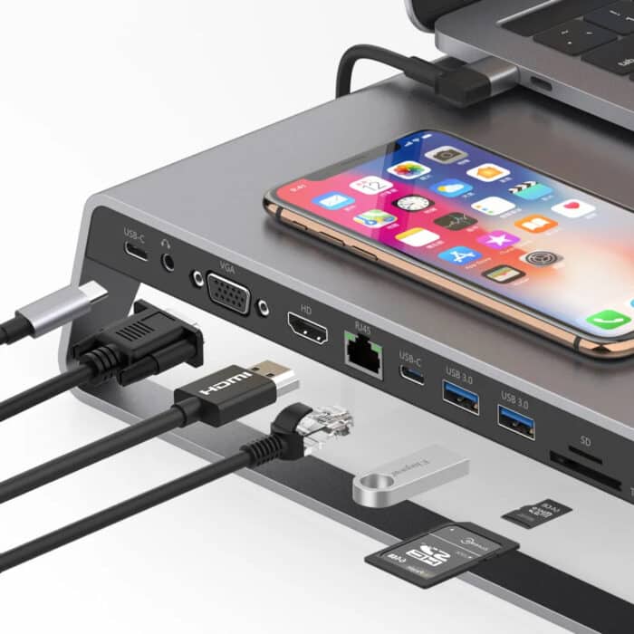 ONTEN USB C 11 In 1 HUB Multi Function Dock Station – Wireless Charging – USB 3.0 X2 + USB-C X2 + TF/SD X1 + HDMI/VGA + 3.5Jack + RJ45 + Type C PD - Detail View