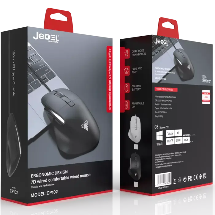 JeDEL CP102 Mouse - Optical Sensor 3600 DPI - 7 Buttons Braided cable - Silent clicks - Side View