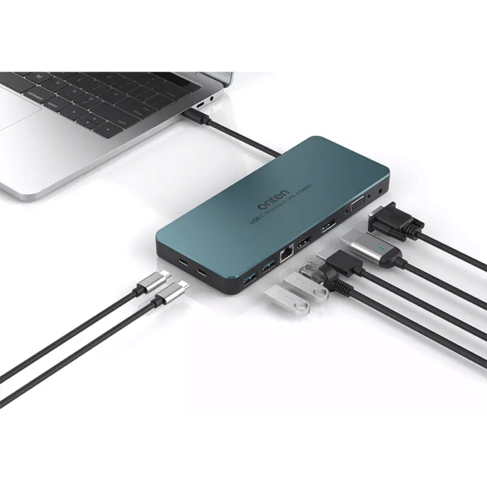Onten Hub 9*1 Type C To 2-Ports USB3.0 HDMI Ethernet Display VGA Audio 2 Ports Type C OTN 9188S - Back View
