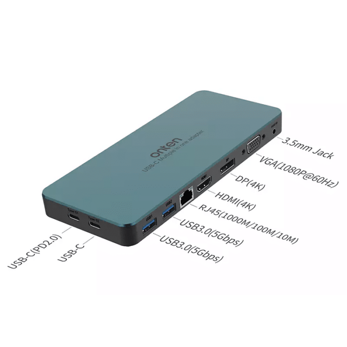 Onten Hub 9*1 Type C To 2-Ports USB3.0 HDMI Ethernet Display VGA Audio 2 Ports Type C OTN 9188S - In Use