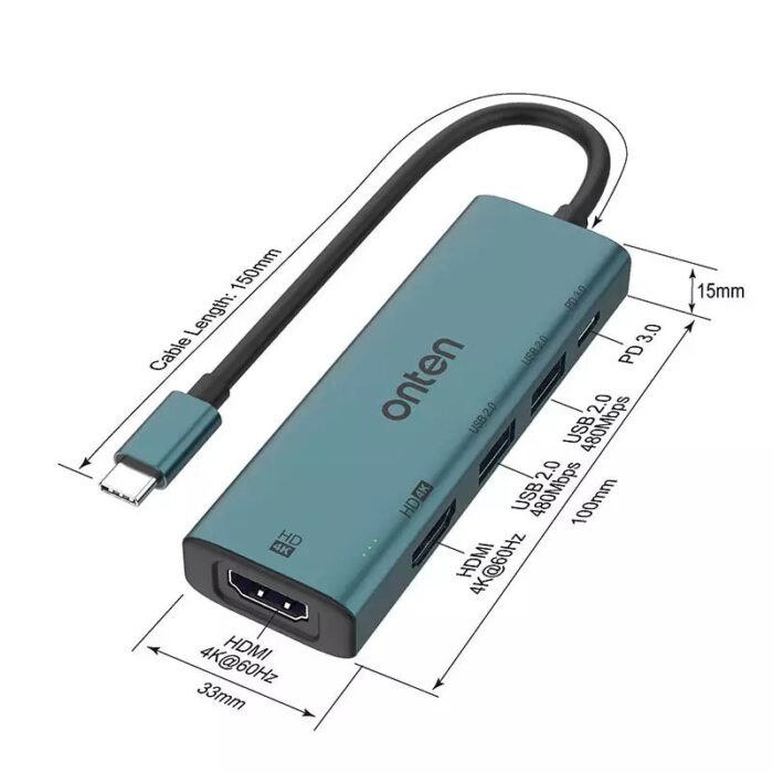 ONTEN UC126 USB C HUB 5-in-1, 2X USB 2.0, 2X HDMI 4K, USB-C Port PD 3.0 - Back View