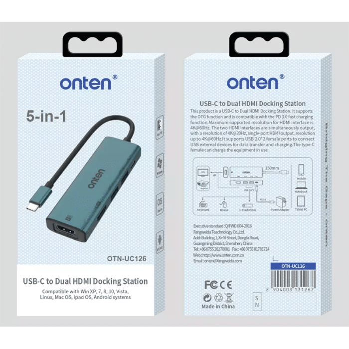 ONTEN UC126 USB C HUB 5-in-1, 2X USB 2.0, 2X HDMI 4K, USB-C Port PD 3.0 - In Use