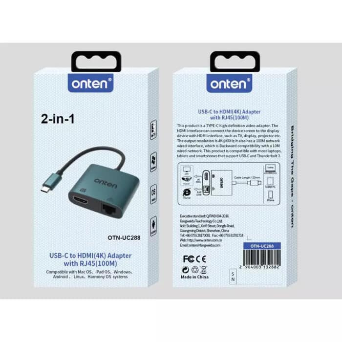ONTEN UC288 USB-C to HDMI HD Video Adapter with RJ45(100M) - Detail View