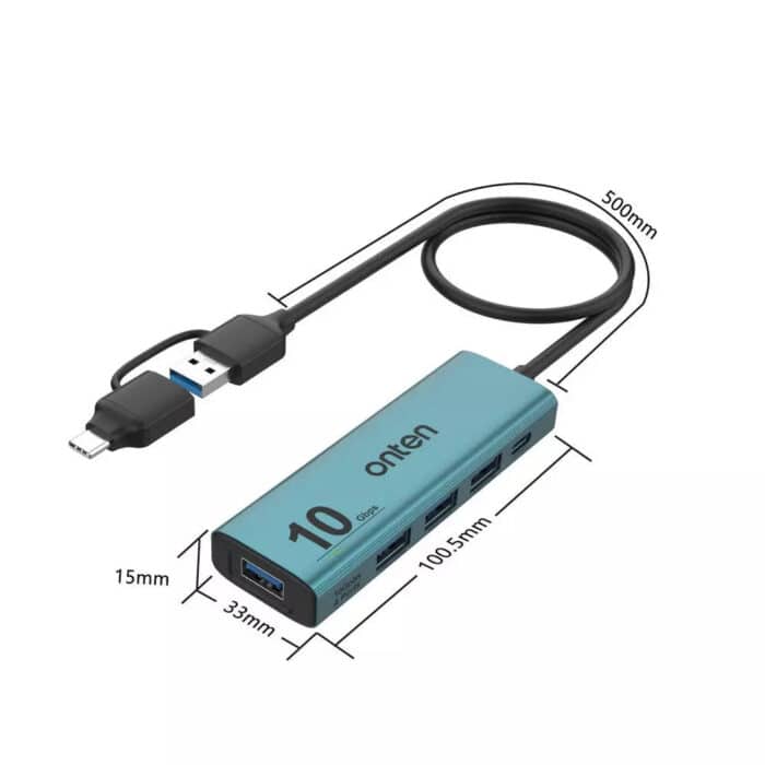 ONTEN UCA611+ 5 in 2 TypeC + USB to 4-Port USB3.2 Gen 2 10Gbps Aluminum Design - Back View