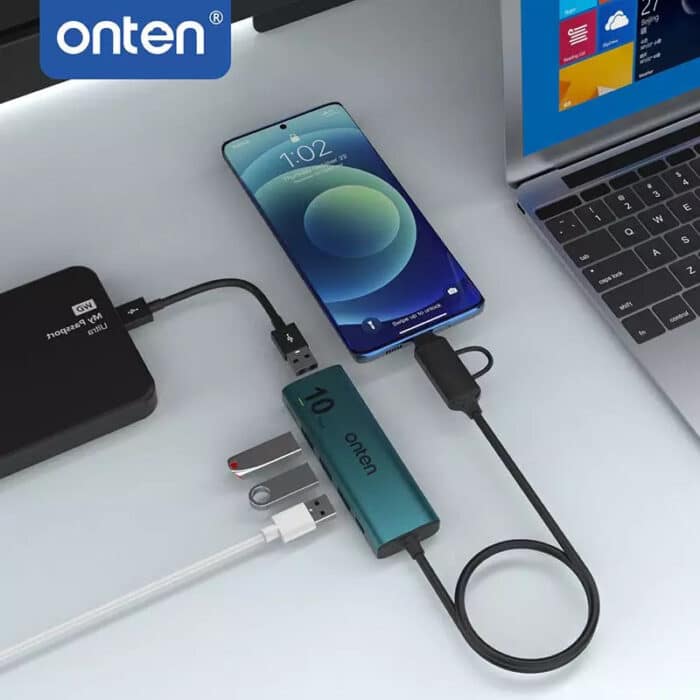 ONTEN UCA611+ 5 in 2 TypeC + USB to 4-Port USB3.2 Gen 2 10Gbps Aluminum Design - In Use