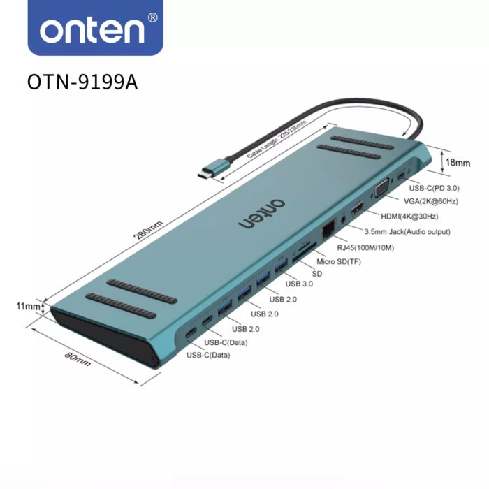 ONTEN 9199A USB C Docking Station 13 in 1 HDMI VGA PD(3.0), 4*USB, 2*USB C, 10/100M Gigabit - Package Contents