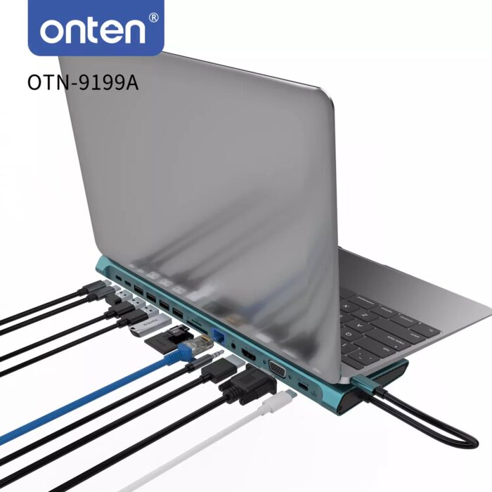 ONTEN 9199A USB C Docking Station 13 in 1 HDMI VGA PD(3.0), 4*USB, 2*USB C, 10/100M Gigabit - In Use