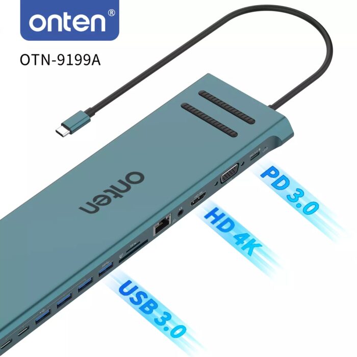ONTEN 9199A USB C Docking Station 13 in 1 HDMI VGA PD(3.0), 4*USB, 2*USB C, 10/100M Gigabit - Side View
