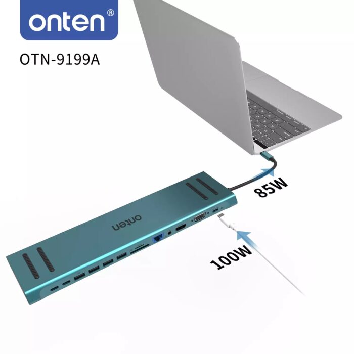 ONTEN 9199A USB C Docking Station 13 in 1 HDMI VGA PD(3.0), 4*USB, 2*USB C, 10/100M Gigabit - Back View