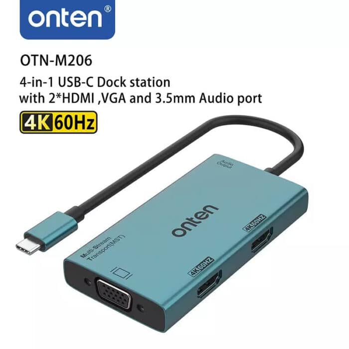 ONTEN M206 USB C HUB 4 IN 1 Multi Stream Dual HDMI 4K @60Hz, VGA and Audio 3.5MM - Side View