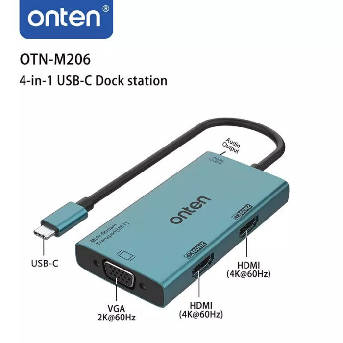ONTEN M206 USB C HUB 4 IN 1 Multi Stream Dual HDMI 4K @60Hz, VGA and Audio 3.5MM - Back View
