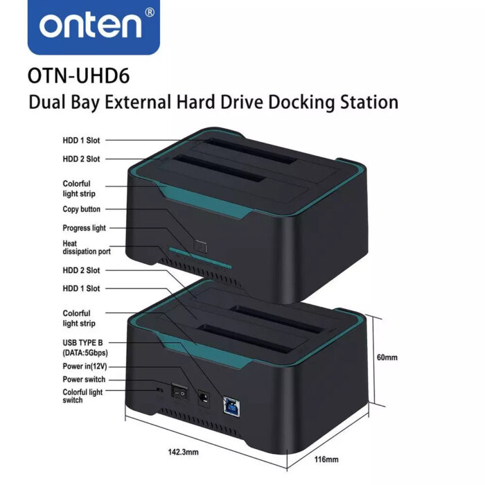 Onten UHD6 Dual Bay External HDD/SSD Enclosure 2.5/3.5 inch - Back View