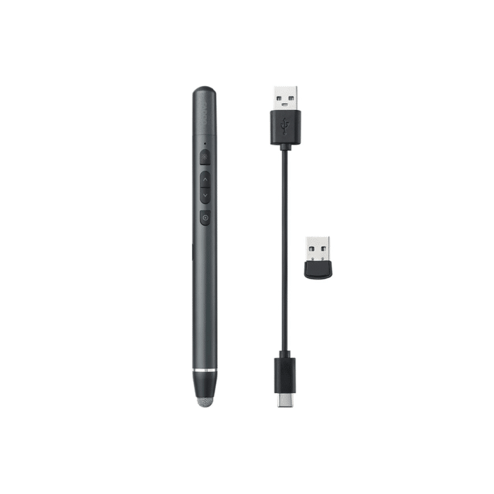 Rapoo XR200 Wireless Presenter with Touchable head for Capacitive Screens, 2.4 GHz, 3R Red Laser, 30-Meter Range, 4 Buttons- Laser, Page-Up/Down, & Hyperlink | Rechargeable Black - Side View