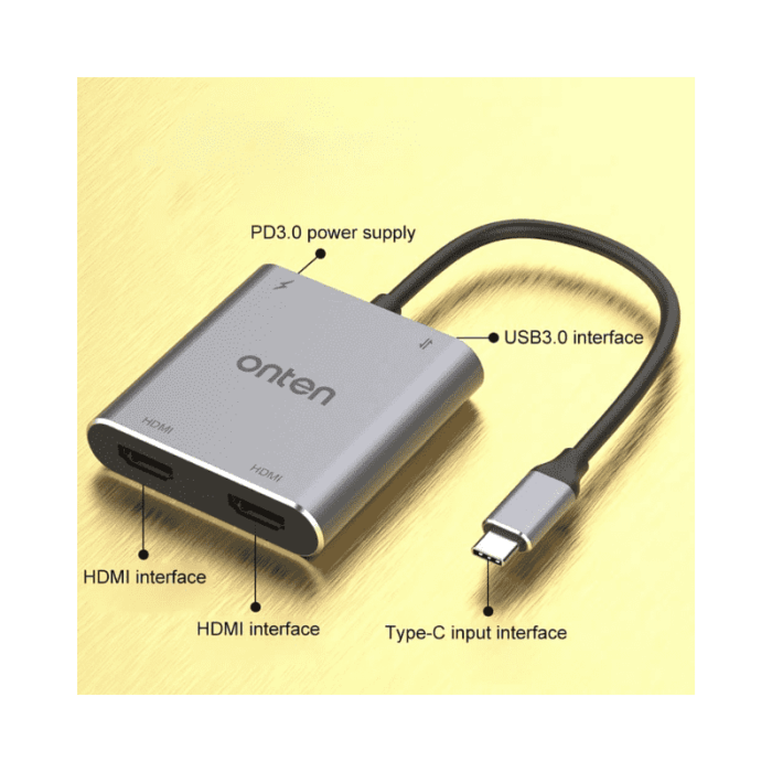 Onten HUB 4*1 Type-C To Dual HDMI(4K-60Hz) + USB 2.0 + PD Charge (MST) OTN-9175K - Back View