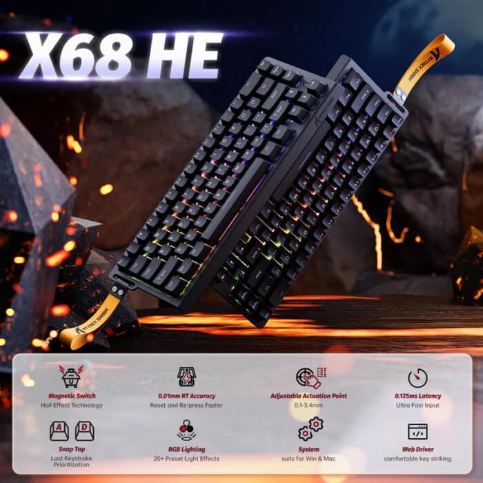 ATTACK SHARK X68 HE 8000Hz Rapid Trigger Keyboard, 0.01mm RT Accuracy Wired Gaming Keyboard with Magnetic Switch, Adjustable Actuation, Rapid Trigger, Snap Tap, RGB Lighting for PC/Mac, Black - Side View