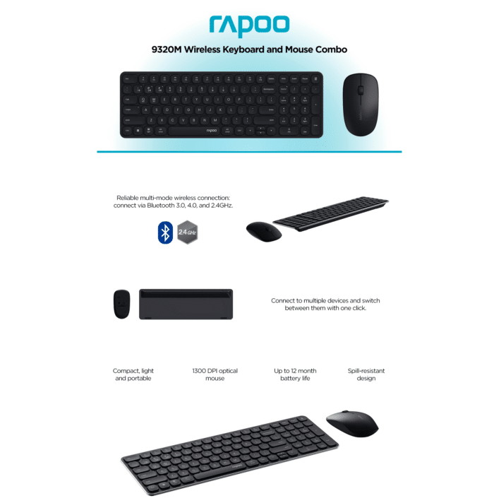 Rapoo 9320M Multi-Mode Wireless Keyboard and Mouse Combo BLACK eng/عربي - Detail View