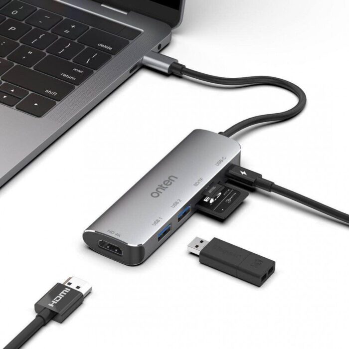 ONTEN 95116D USB C HUB Dock Station 6 in 1 – HDMI 4K@30Hz + SD/TF + USB 3.0 X2 + Type-C (PD 3.0) - Detail View