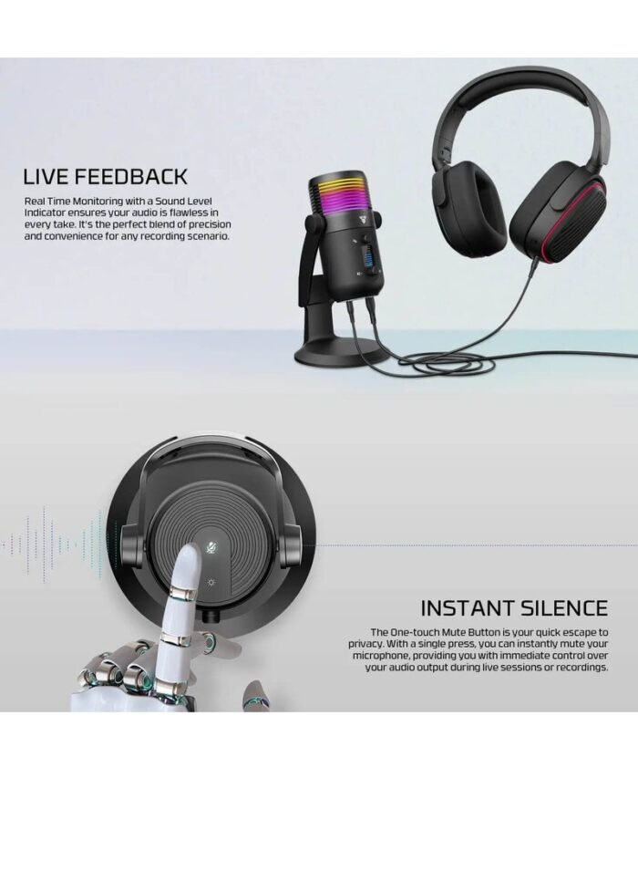 FANTECH MCX03 LEVIOSA MAX Microphone USB-C RGB Professional Gaming Stream Condenser PURE PRECISION 16mm Capsule – Cardioid Polar Pattern – Noise Reduction tech – Real Time Monitoring with Headphone jack | Black - In Use