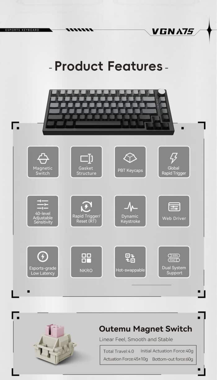 VGN A75 eSports Hall Effect Gasket-Mount Keyboard Magnetic KEYBOARD - Back View