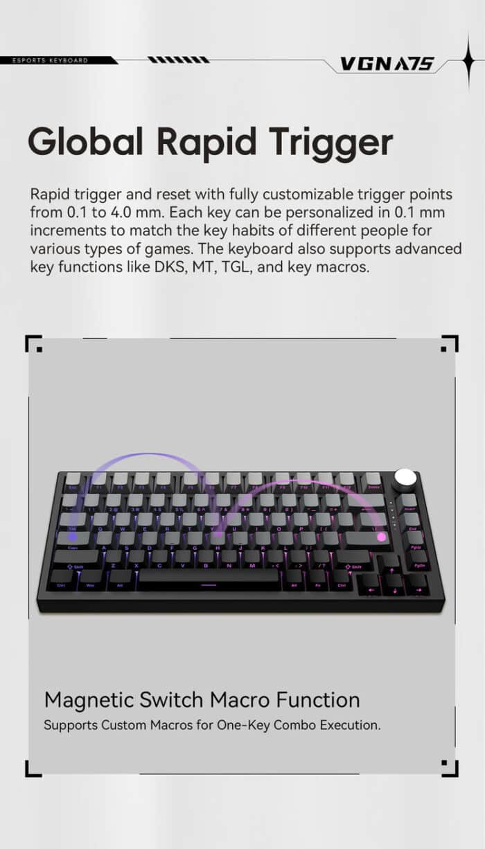VGN A75 eSports Hall Effect Gasket-Mount Keyboard Magnetic KEYBOARD - Detail View