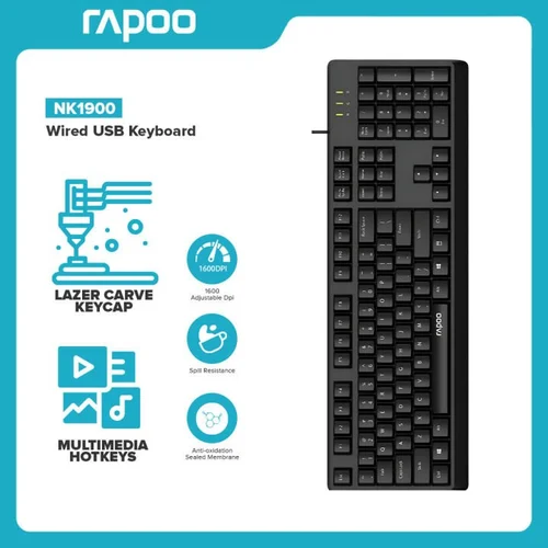 NK1900 Wired Keyboard with USB Connectivity, 1.5m Cable Length, Spill Resistant, Laser Carved Keycap, English-Arabic Layout, AR_12387 Black - Back View