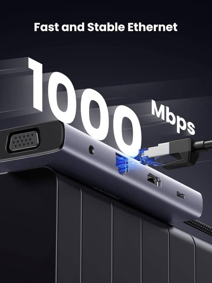 UGREEN USB Hub Type-C 10 in 1 Dongle With 4K HDMI & VGA Grey - Side View