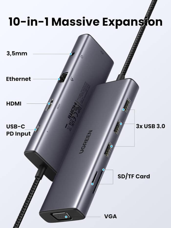 UGREEN USB Hub Type-C 10 in 1 Dongle With 4K HDMI & VGA Grey - View 7