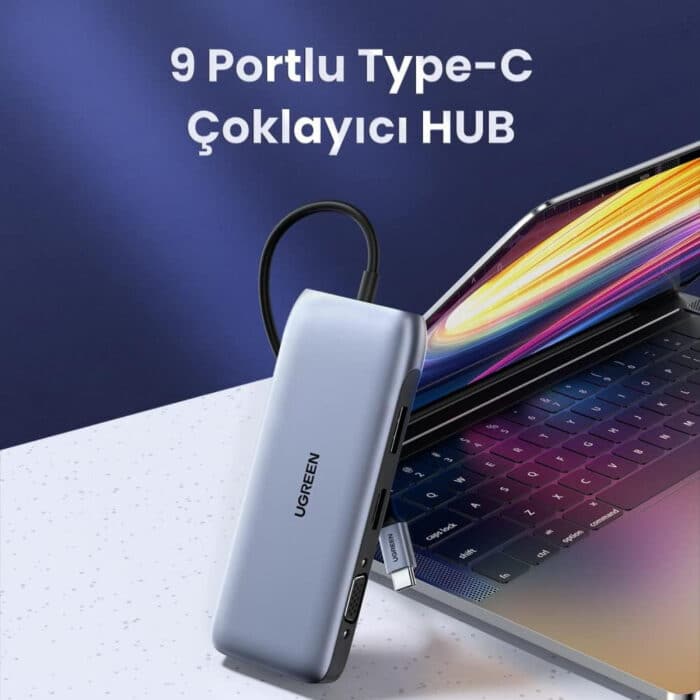 UGREEN (70301) 9 in1 USB-C Multifunction Adapter - USB 3.0 x 2 DPx1 HDMIx1 VGAx1 Gigabit LANx1 SD/TFx1 PD USB-C - Side View