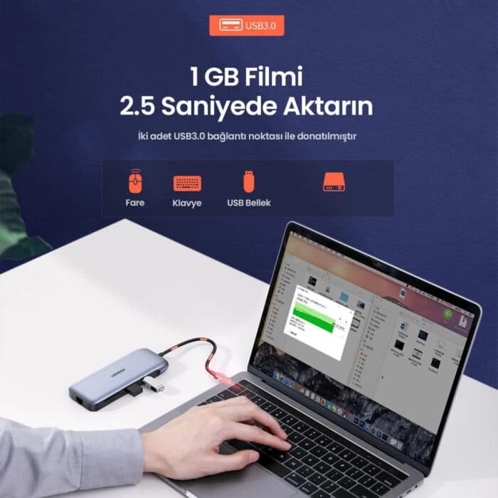 UGREEN (70301) 9 in1 USB-C Multifunction Adapter - USB 3.0 x 2 DPx1 HDMIx1 VGAx1 Gigabit LANx1 SD/TFx1 PD USB-C - Detail View
