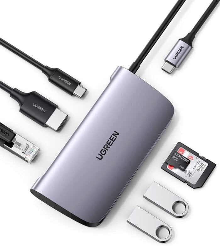 Ugreen 50852 20CM Gray Hub 7 in 1 Type C Dock Adapter with Ethernet. 4K USB C to HDMI. 2 USB 3.0 Ports. Micro SD Card Reader. USB C PD 100W CM212 (50852)