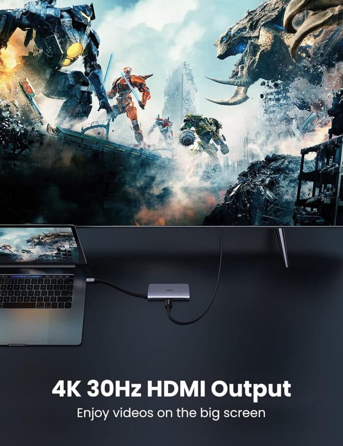 Ugreen 50852 20CM Gray Hub 7 in 1 Type C Dock Adapter with Ethernet. 4K USB C to HDMI. 2 USB 3.0 Ports. Micro SD Card Reader. USB C PD 100W CM212 (50852) - Back View