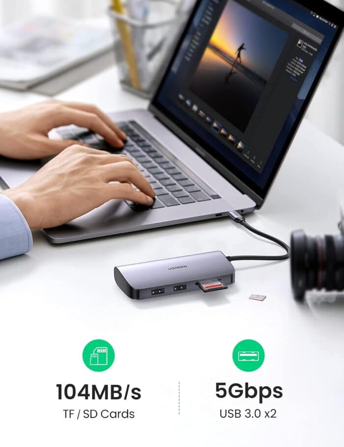 Ugreen 50852 20CM Gray Hub 7 in 1 Type C Dock Adapter with Ethernet. 4K USB C to HDMI. 2 USB 3.0 Ports. Micro SD Card Reader. USB C PD 100W CM212 (50852) - Detail View
