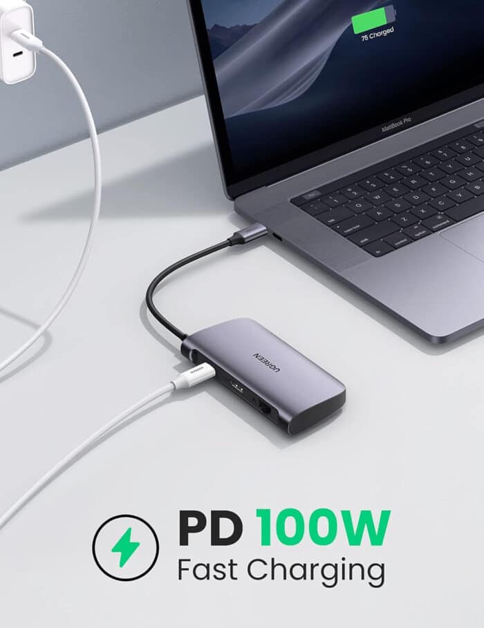 Ugreen 50852 20CM Gray Hub 7 in 1 Type C Dock Adapter with Ethernet. 4K USB C to HDMI. 2 USB 3.0 Ports. Micro SD Card Reader. USB C PD 100W CM212 (50852) - In Use