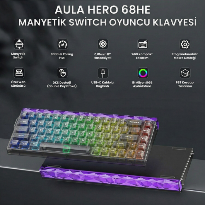AULA Hero 68 He 68% Wired Gaming Keyboard, Adjustable Drive Magnetic Hall Effect Switch, Quick Shooting Mode, Polling Rate 8K Hz, Latency 0.125Ms, Pbt Keys Printed On The Side Black Lighthouse