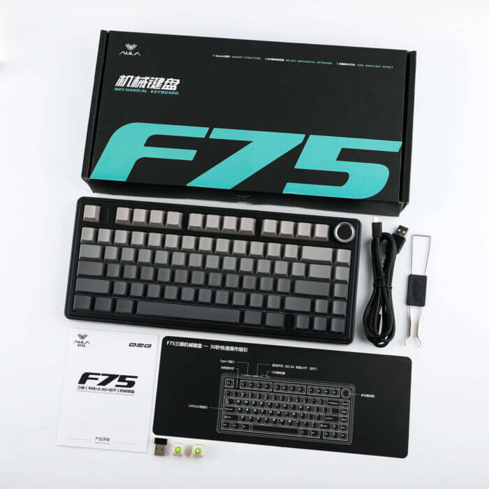 AULA F75 pro Mechanical Keyboard Gaming, 2.4 GHz/Type-C/BT5.0 Wireless Gaming Keyboard 75 Percent, Side Engraved, Structure of Seal, Hot Swappable Wireless Keyboard RGB (Grey with Colour Gradient) - Side View
